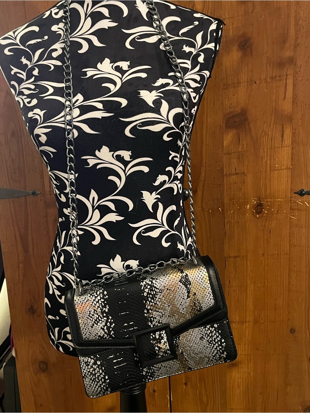 Black and Metallic Snake-Print Crossbody Bag